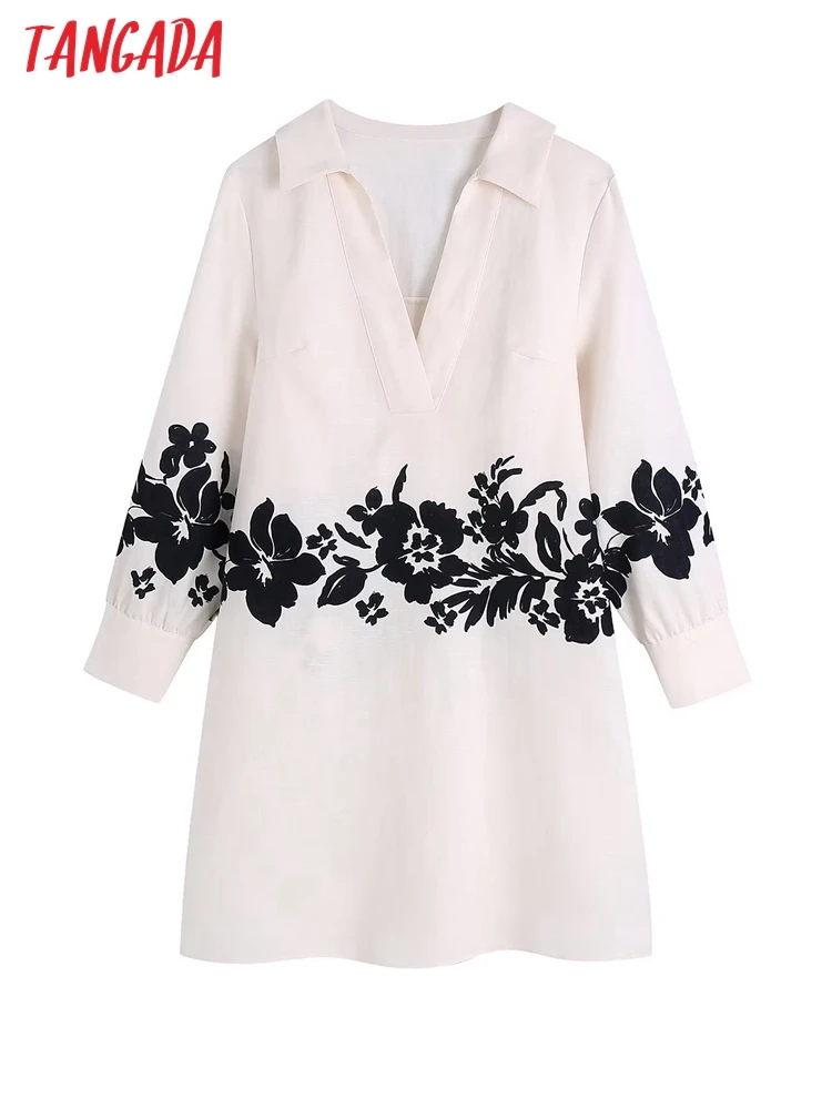 Tangada 2022 Fashion Women Flowers Print Shirt Dress Vintage Long Sleeve Office Ladies Mini Dress CE142