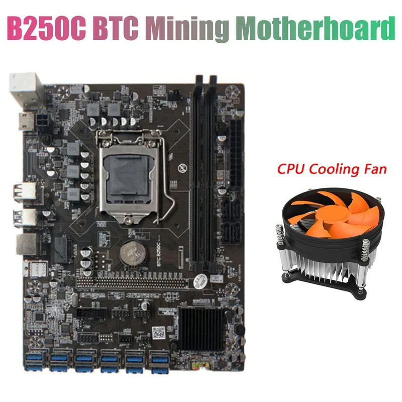 

Материнская плата для майнинга BTC B250C с кулером охлаждения ЦП 12 PCIE в разъем для графической карты USB3.0 LGA1151 поддерживает DDR4 для BTC