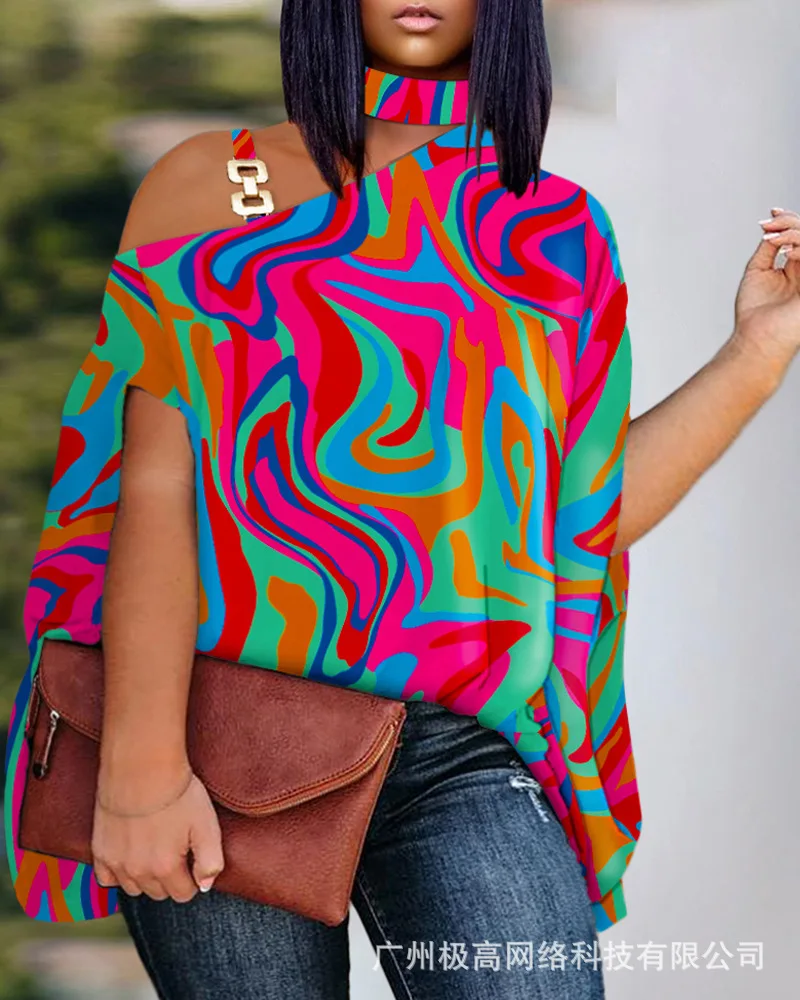 

Abstract Print Cold Shoulder Chain Decor Top Women New 2023 Spring Summer Blouse Tops Halter Neck Fashion