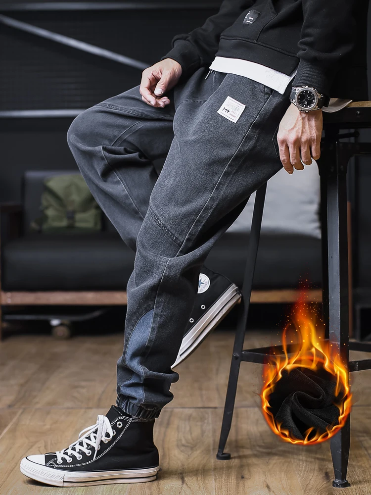 2022 New Men's Winter Fleece Jeans Thick Warm Denim Pants Men Streetwear Black Joggers Harem Jean Thermal Trousers Plus Size 8XL