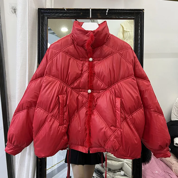 2022 New Women's Short Down Jacket Korean Stand Collar Fashion Long Sleeve Solid Color Loose Thin Winter Coat F632