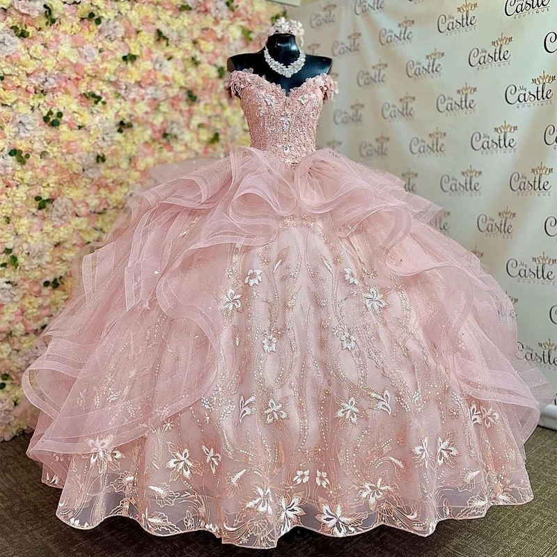 

ANGELSBRIDEP Pink Ball Gowns Quinceanera Dress Beaded Applique Prom Dress Lace Sweet 16 Princess Party Formal Birthday Dress