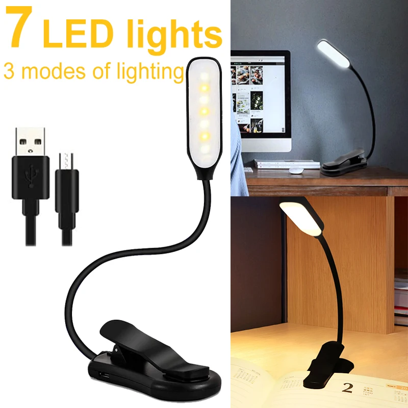 

Rechargeable Mini Clip Lamp 3-Level Warm Cool White 7 LED Reading Book Light Daylight Flexible Read Night Reading Lamp In Bed