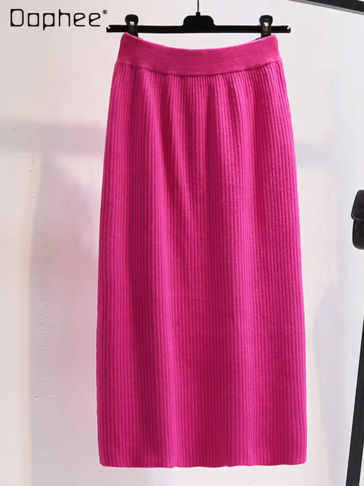 

Korean Streetwear Straight Knit Skirts Woman Fashion 2022 Free Shipping Female Autumn Winter Ladies Midi Knitted Wrapped Skirt