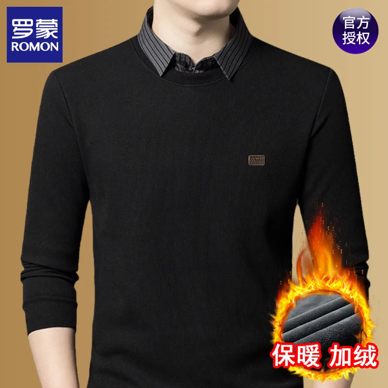 Romon Winter New Young and Middle-Aged Fake Two-Piece Bottoming Shirt Men Lapel Long sleeves Fleece-lined Thickened War...