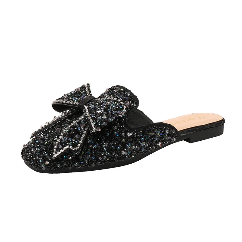 Fashion Half Slippers for Women Wearing Bow Shaped Rhinestone Slides Sandals Summer Outings Flat Soled Mules Shoes Ladies Shoes