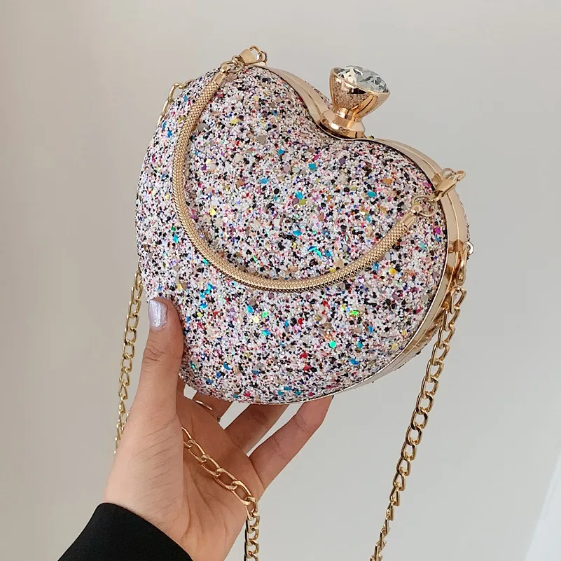 

Heart Women Wedding Handbags With Handle Evening Bags Sequined Chain Shoulder Female New Design Purse