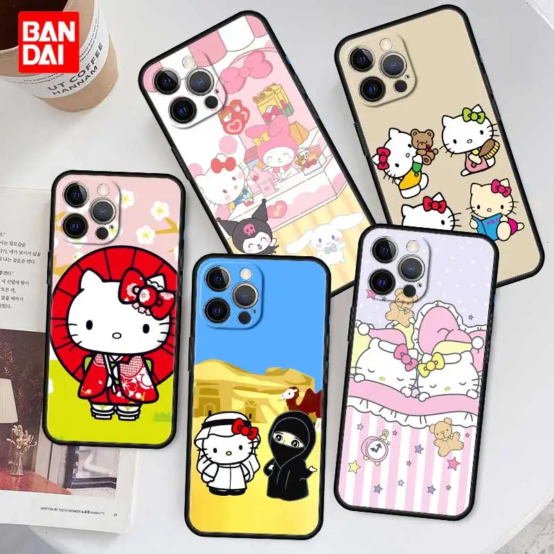 

Hello Kitty Pattern Case for iPhone 13 12 11 Pro Max SE 2020 12pro 13pro Mini Trend Coque Silicone Couple Black Casing Cover