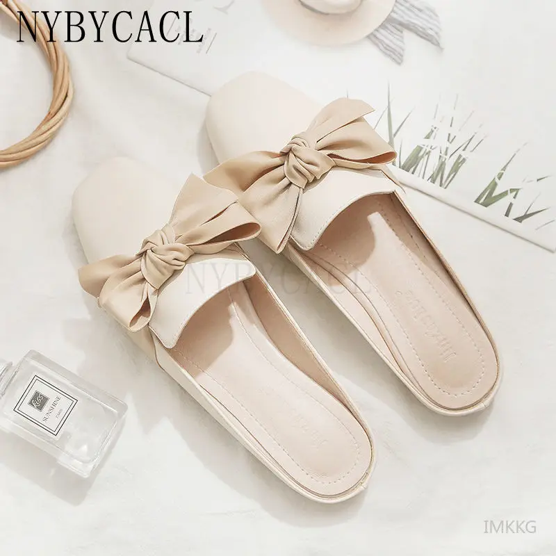 

Luxury Woman Mules Summer Close Toe Women Slippers Bowtie Lazy Slides Flat Heel Girl Slippers Korean Outdoor Flip Flops New 2022