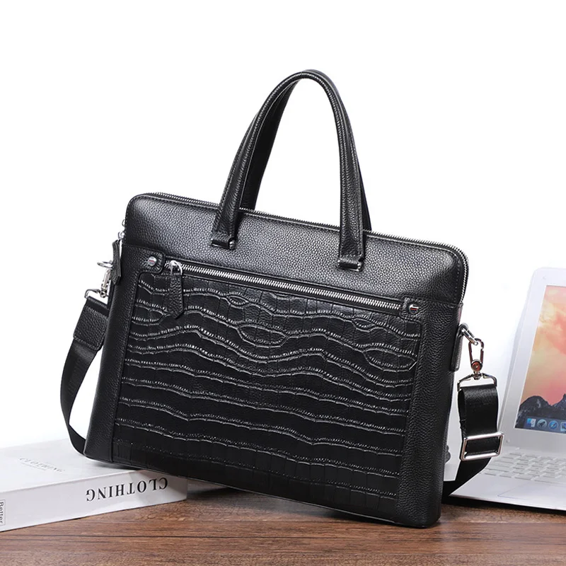 AETOO  Double zipper septal briefcase men's leather handbag crocodile print men's bag Men's single shoulder cross-body computer