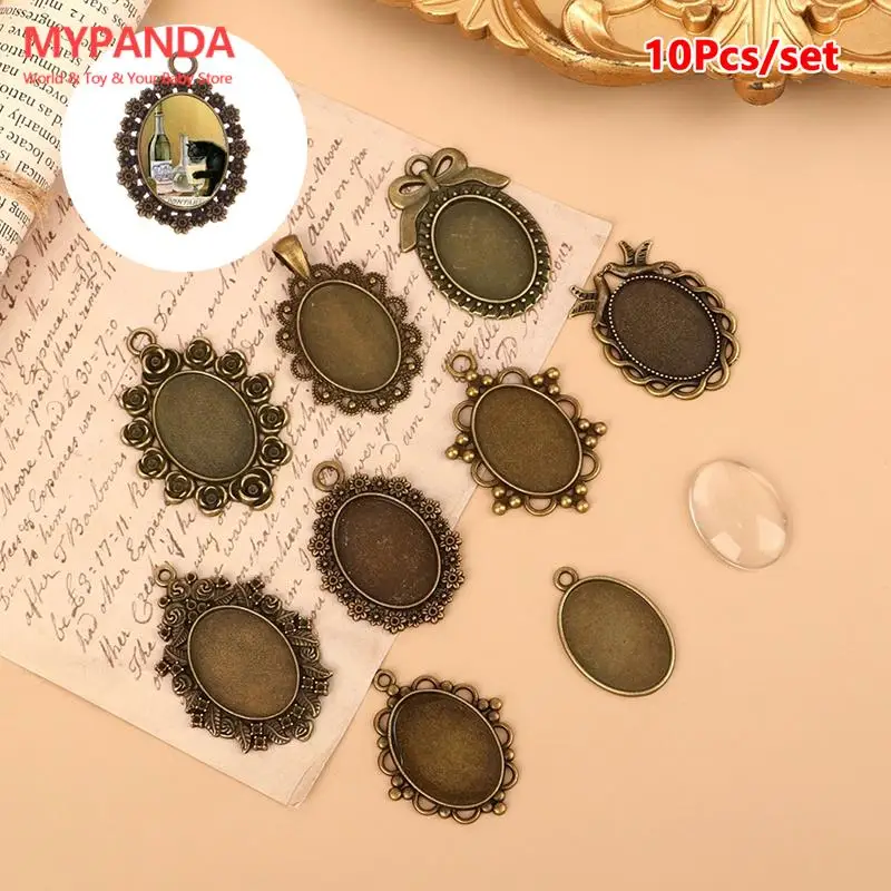 

10Pcs 18*25MM Oval Blank Tray Base Setting Charms Pendant Antique Flower Cameo Single-sided Bottom Bracket Jewerly Accessories