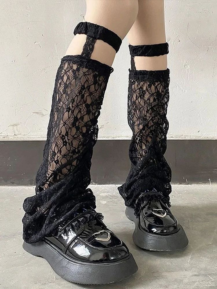 

Summer Flared Leg Warmers Women White Hollow Long Stockings Grunge Knee-High Breathable Girls Leg Warmer Y2k Kawaii Mesh Sock