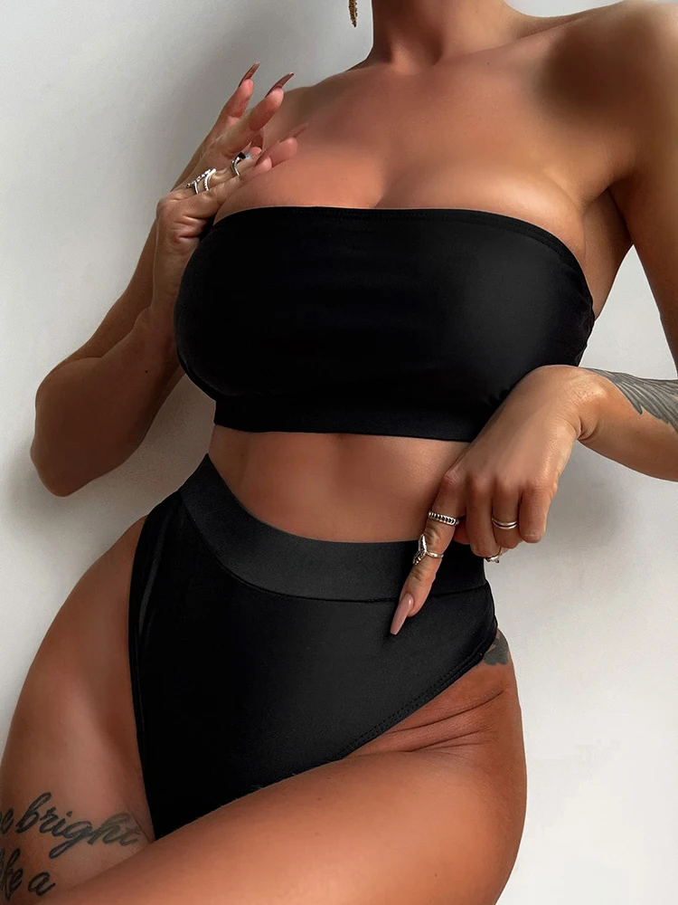 

Tube Top Bikini Swimwear 2023 New Women Solid Black Swimsuit High Waist Thong Bikinis Set Sexy Brazilian Bathing Suit Beach Wear
