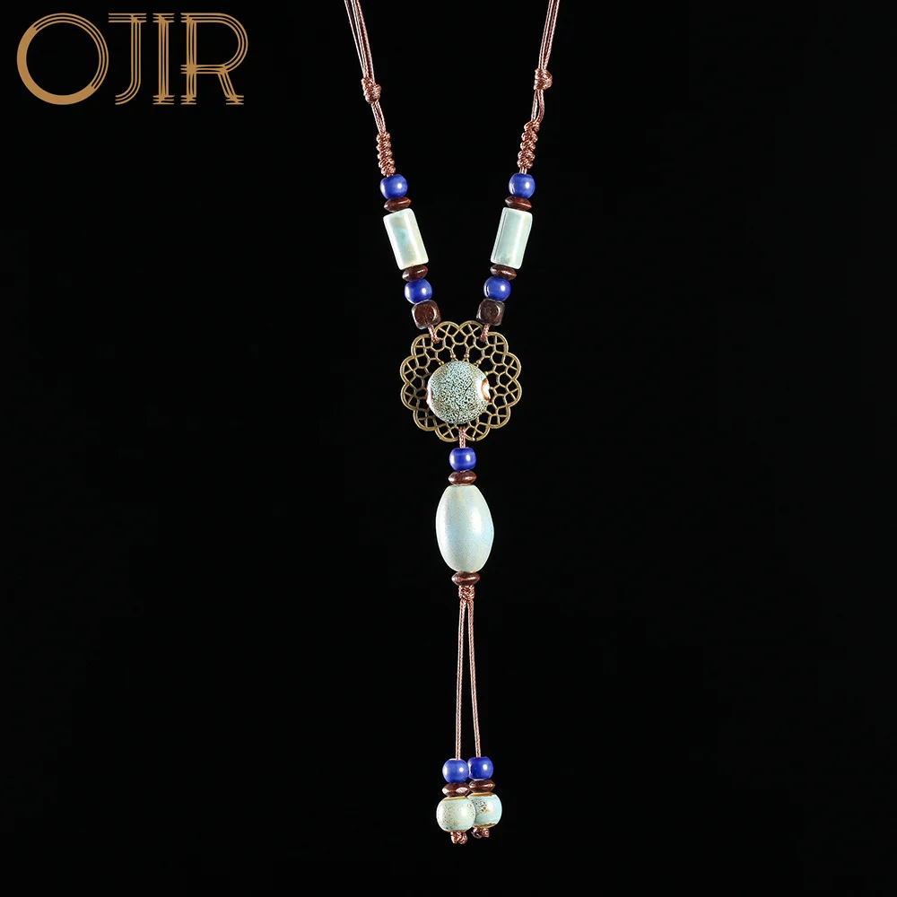 

Vintage Long Chains Necklace With Ceramic Beads Goth Jewelry Chinese Style Suspension Pendants Products Korean Fashion New in