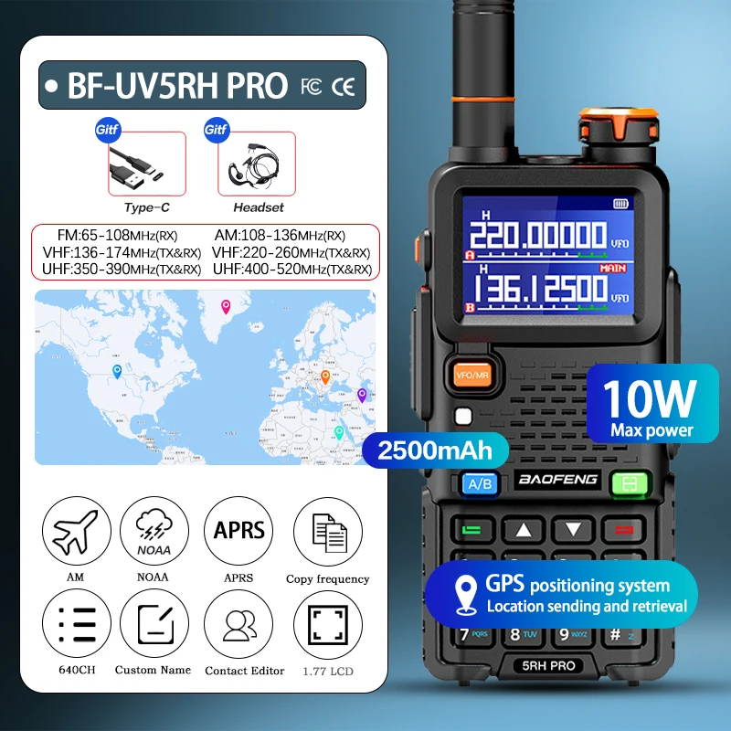 Baofeng UV-5RH PRO Рация GPS Многодиапазонный AM FM Type-C Беспроводная копия Частота