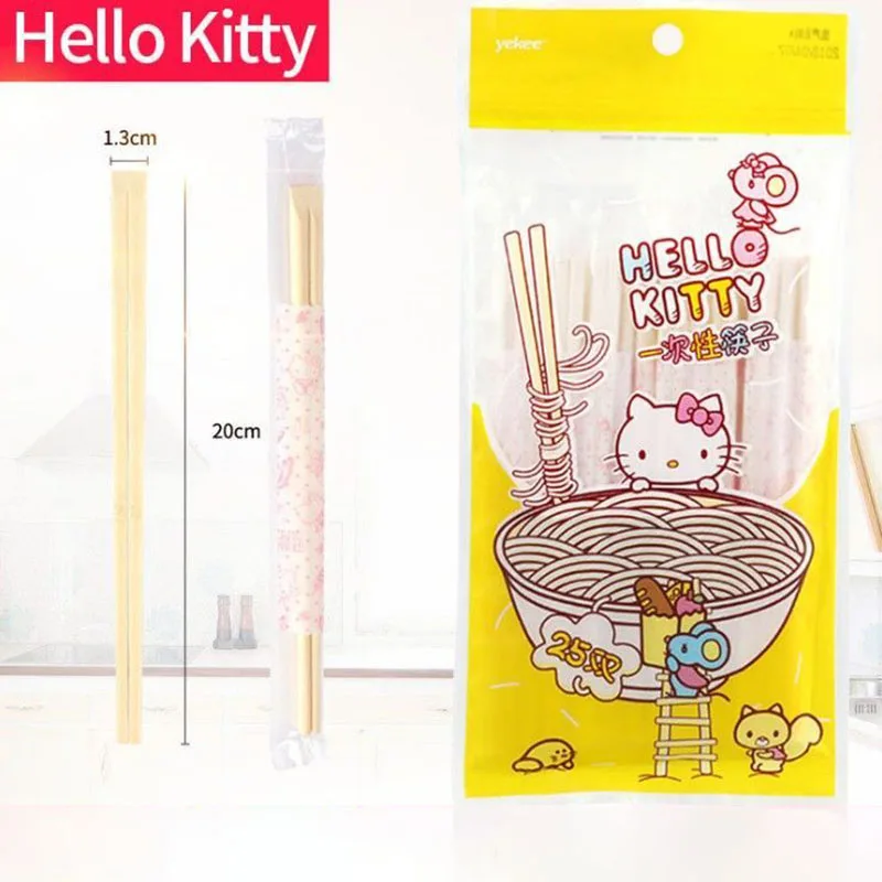 

25Pcs Sanrio HelloKT Disposable Chopsticks Cartoon Cute Girl Heart Household Anti-Mildew Bamboo Chopsticks Individually Packaged