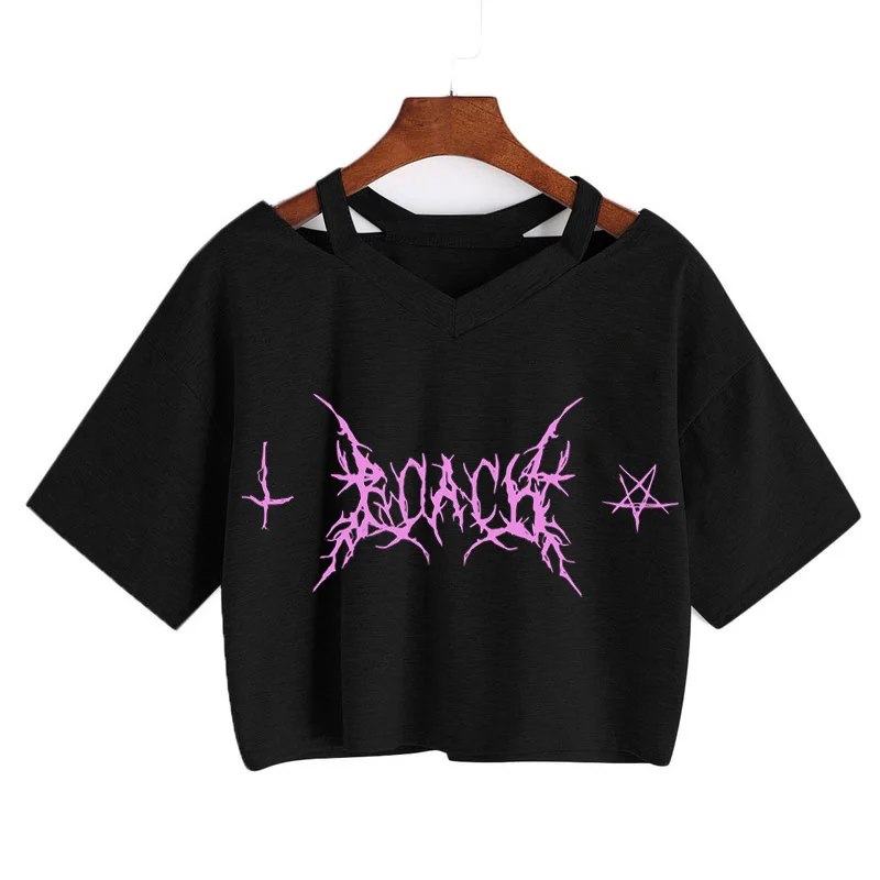 

Готическая Сексуальная черная футболка с V-образным вырезом в стиле панк Харадзюку гранж свободные женские укороченные топы с буквенным пр...