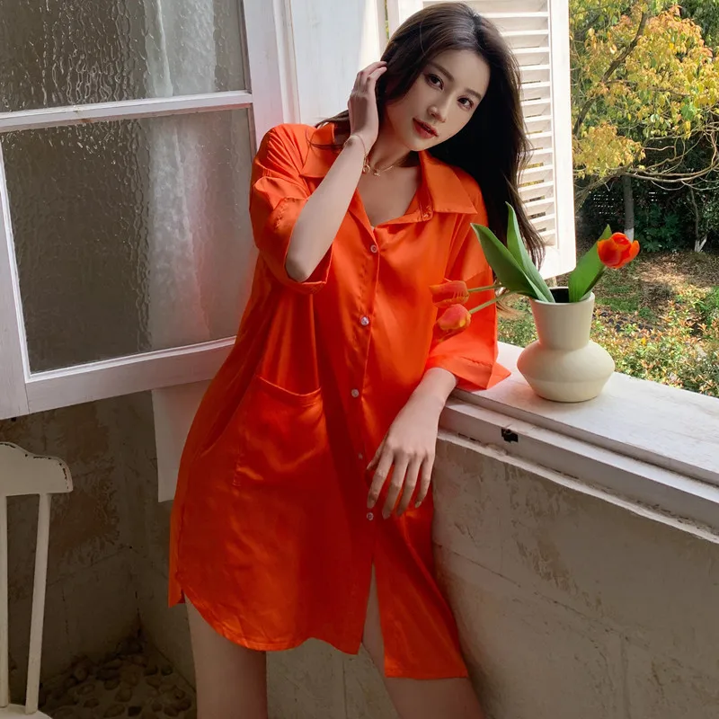 

Sexy Nightshirt Boyfriend Shirt Ice Silk Night Dress Sexy Nightgown Summer Trendy Solid Female Sweet Home/outdoor Women Pajamas
