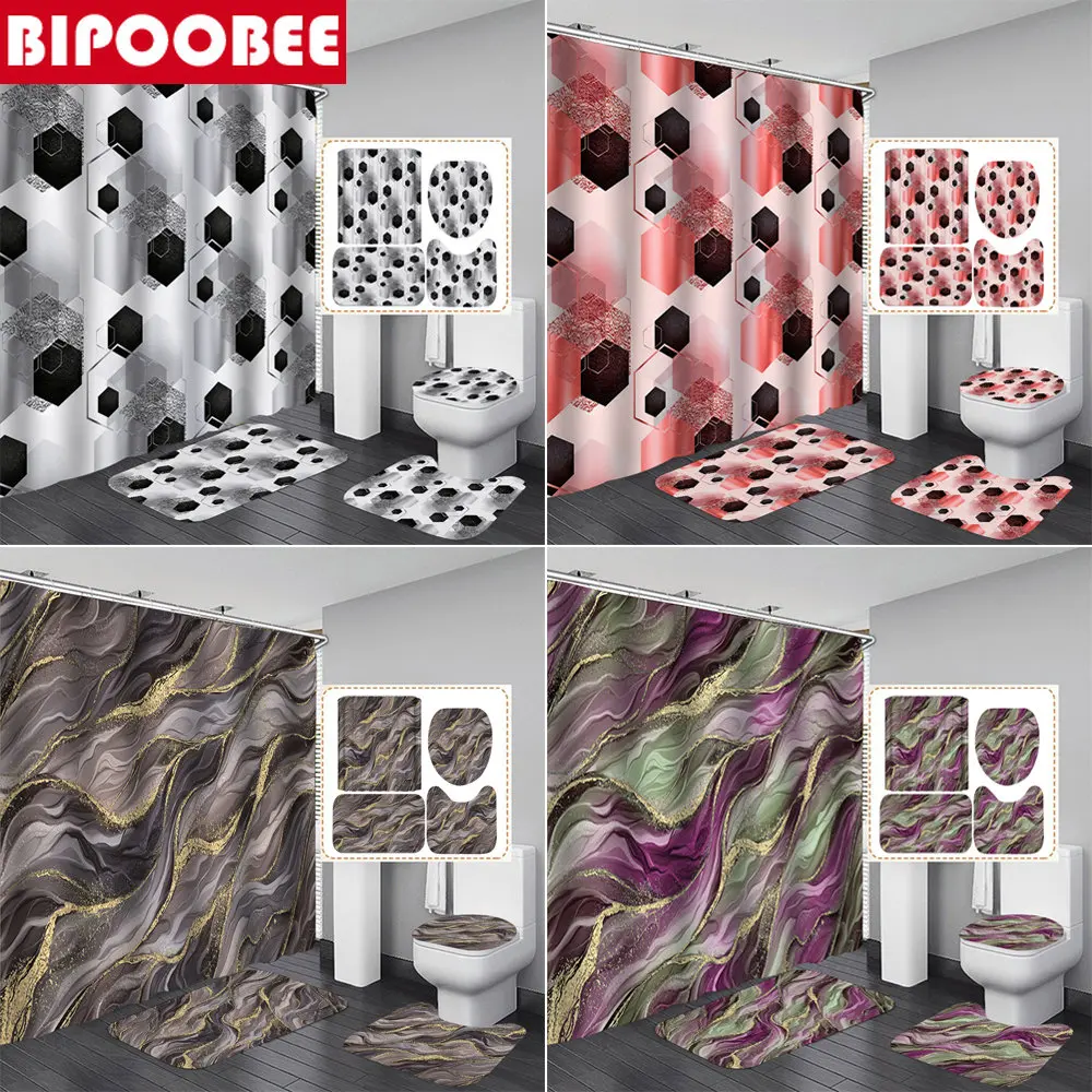 

High Quality Marble Shower Curtains Bath Mats Pedestal Rugs Waterproof Fabric Bathroom Curtain Non-slip Carpet Toilet Cover Lid