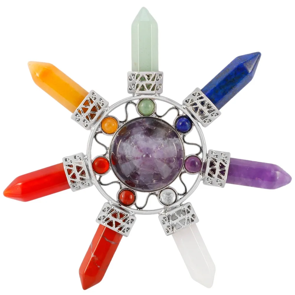 Natural Stone 7 Chakra Hexagonal Prism Ruched Energy Cone Pyramid Reiki Healing Crystal Stone Transmitter Jewelry Decoration