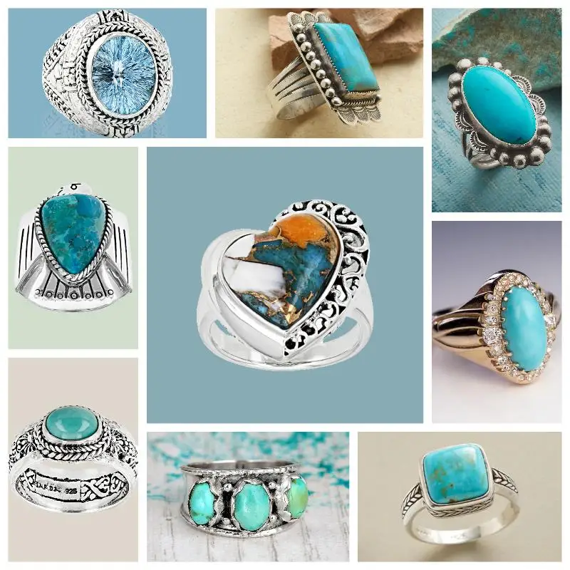 Женское кольцо из натурального камня бирюзовое в богемном стиле | Украшения и