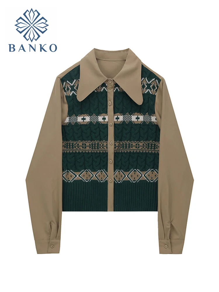 

Women's Vintage Knit Patchwork Shirts Long Sleeve Single Breasted Loose Office Ladies Female Elegant All-match Blouses Chic Tops