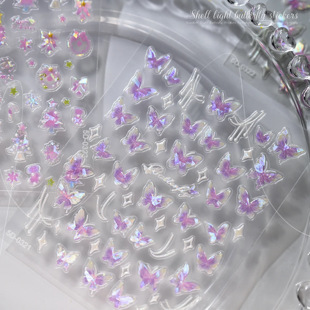 1Pcs 5D Aurora Shell Butterfly Nail Sticker Ice-Transparent Pink Purple Butterfly/Snowflake Decal DIY Xmas Slider