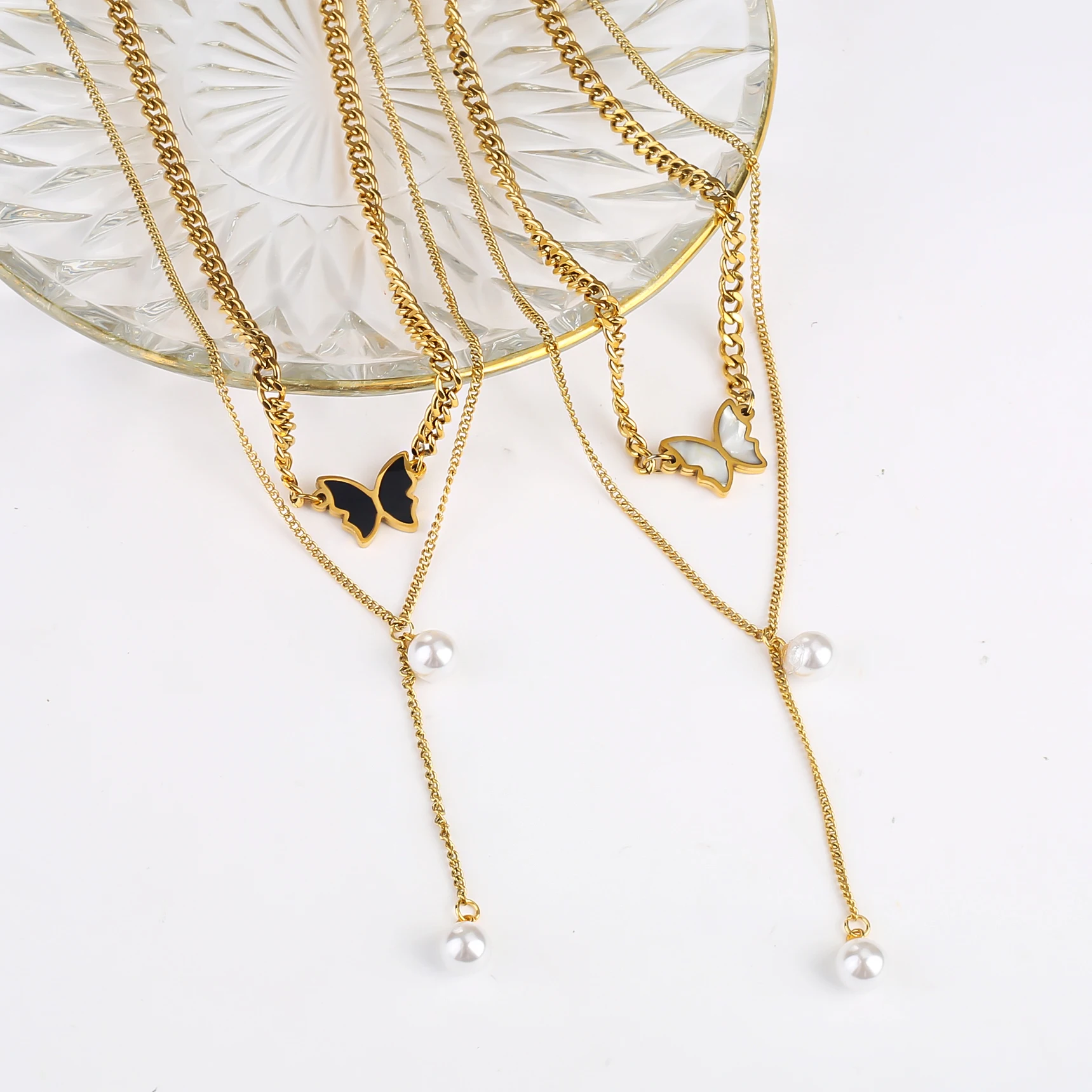 

Женское Двухслойное ожерелье из нержавеющей стали, колье с бабочкой и жемчугом в стиле рок, хип-хоп, индивидуальное колье