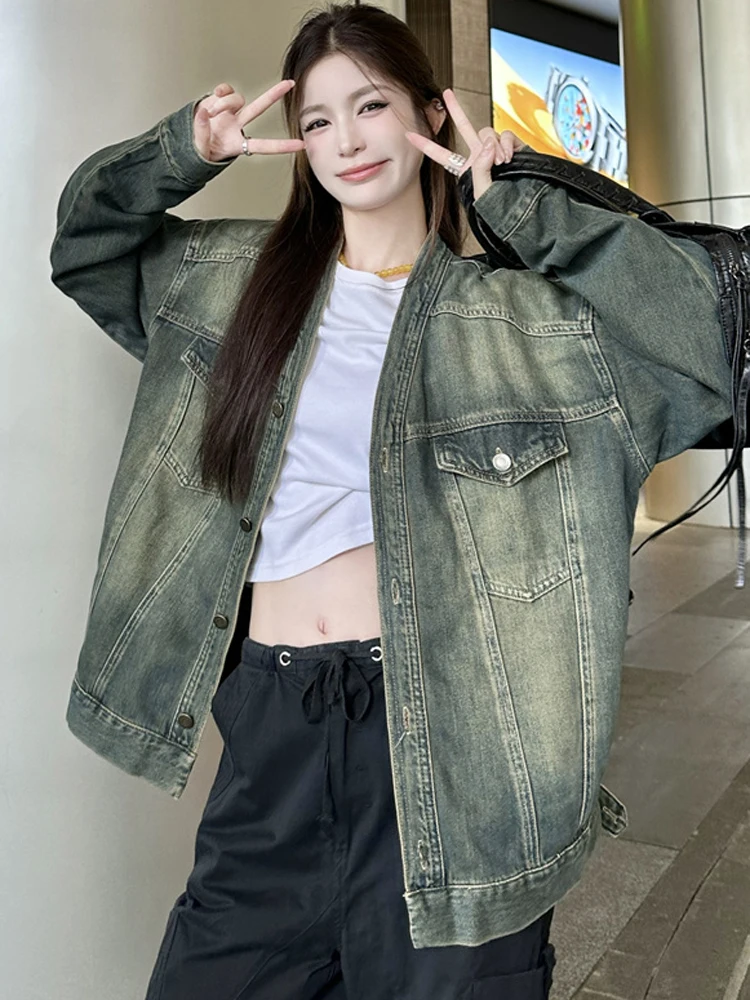 Голубая джинсовая куртка в стиле ретро без воротника женское свободное