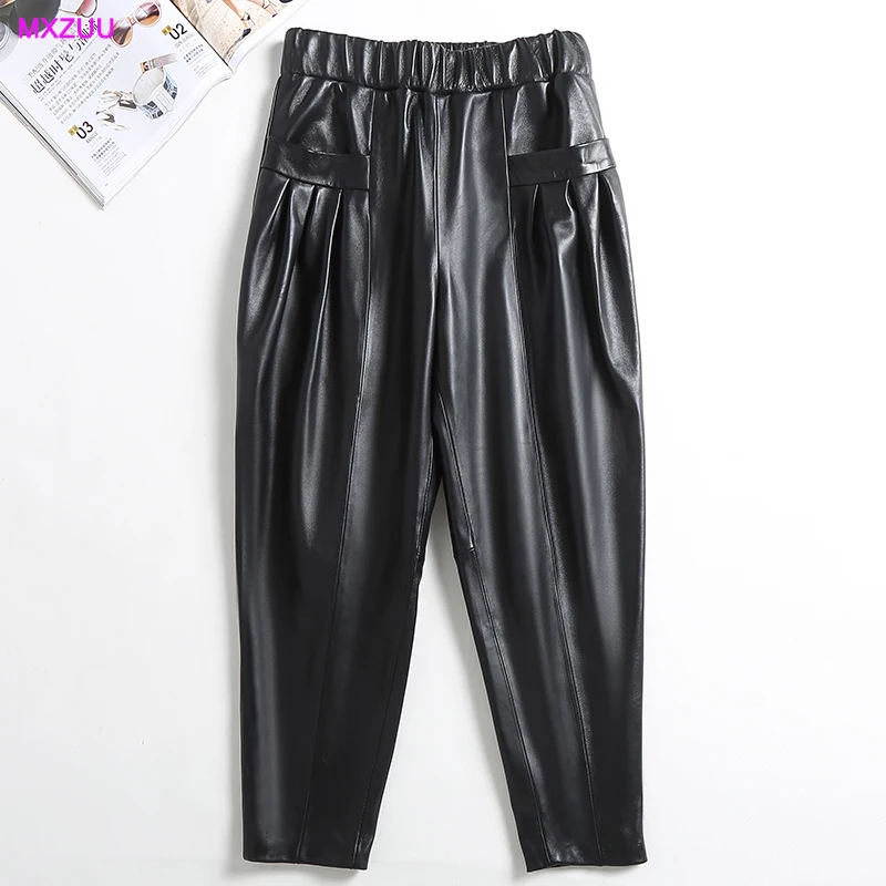 

Black Pantalon Pour Femme Women Genuine Sheepskin Fashion Show Thin Leather Trousers Mujer Elastic High Waist Loose Harem Pants