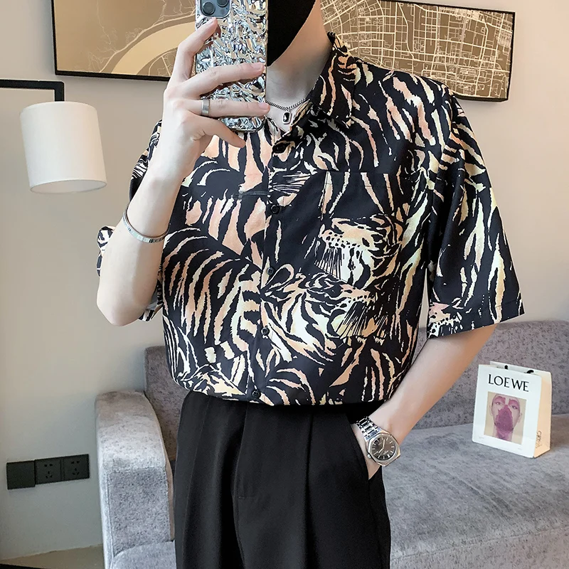 2022 Summer Tiger Pattern Shirts Men Short Sleeve Loose Casual Shirt Social Party Streetwear Oversized Lapel Tops Men Clothing