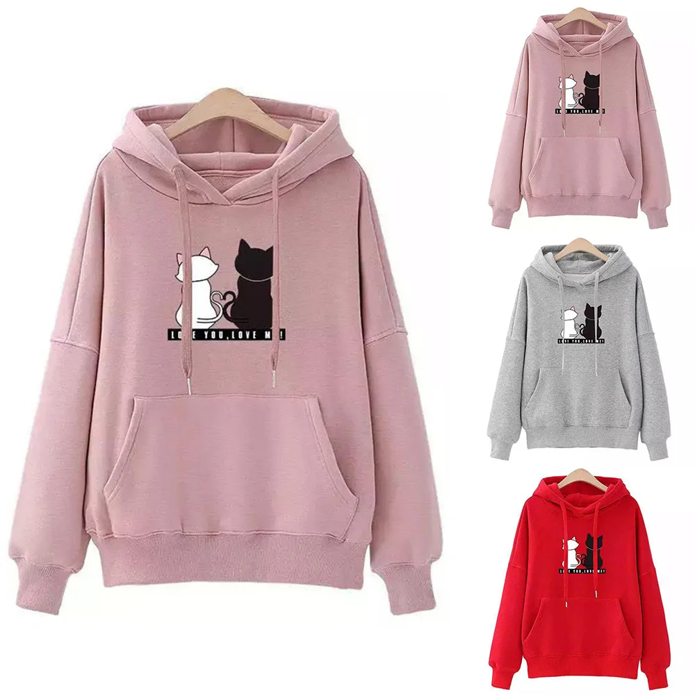 

Hoodie For Women Couple Cat Printed Sweatshirt With Pocket Drawstring Hood Long Sleeve Outwear Pull-over S-3xl Unisex Costume H9