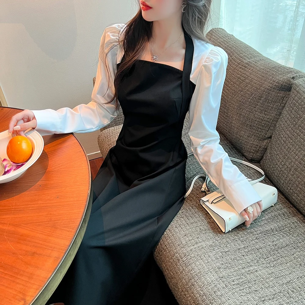 

COIGARSAM Women's Dress 2021 Spring 2022 French Style Patchwork Long Sleeve Puff Sleeve Black Dresses Dropshipping