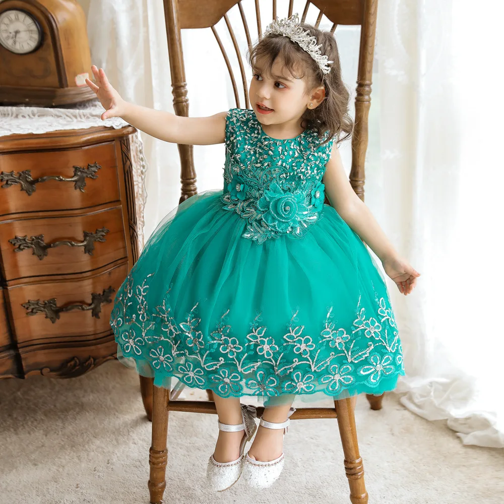 

Green Lace Infantil Baby Girls Flower Girl Dress Princess SequinsPageant Wedding Bridesmaid Tutu Birthday Costumes Party Dress