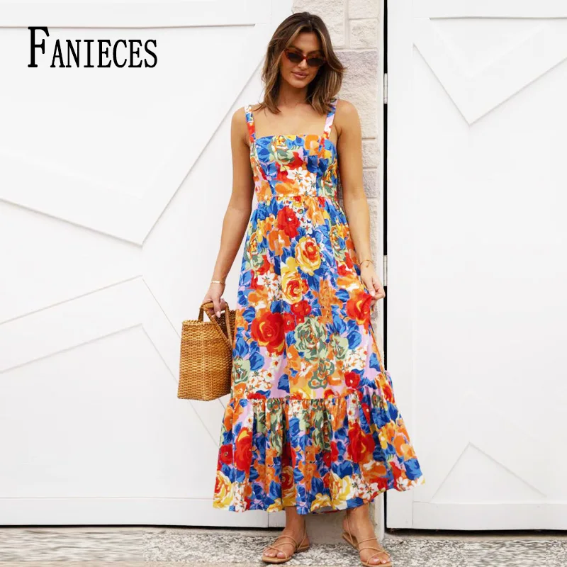 

Women Boho Long Dress Party Summer Vintage Red Floral Print Spaghetti Strap Maxi Dresses A-line Big Swing Beach Vestido feminino