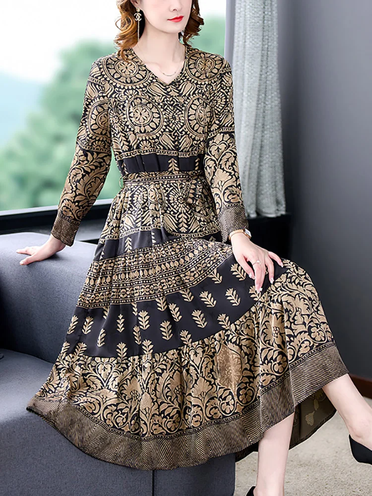 

Женское шелковое атласное платье миди с длинным рукавом и V-образным вырезом