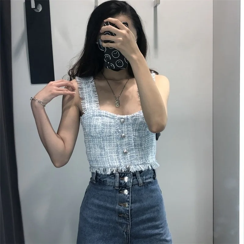 

Embellished Strap Blue Top Y2k European and American Style Corset Top Indie 2023 Women Summer New Tweed Tassel Button T-Shirt