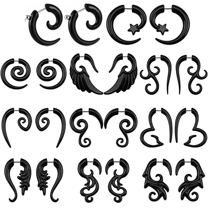 

11 Pairs of Auricle Set Spiral Fake Gauge Acrylic Ear Cone Fake Plug Horn Stud Earrings Gothic Pierced Body Jewelry