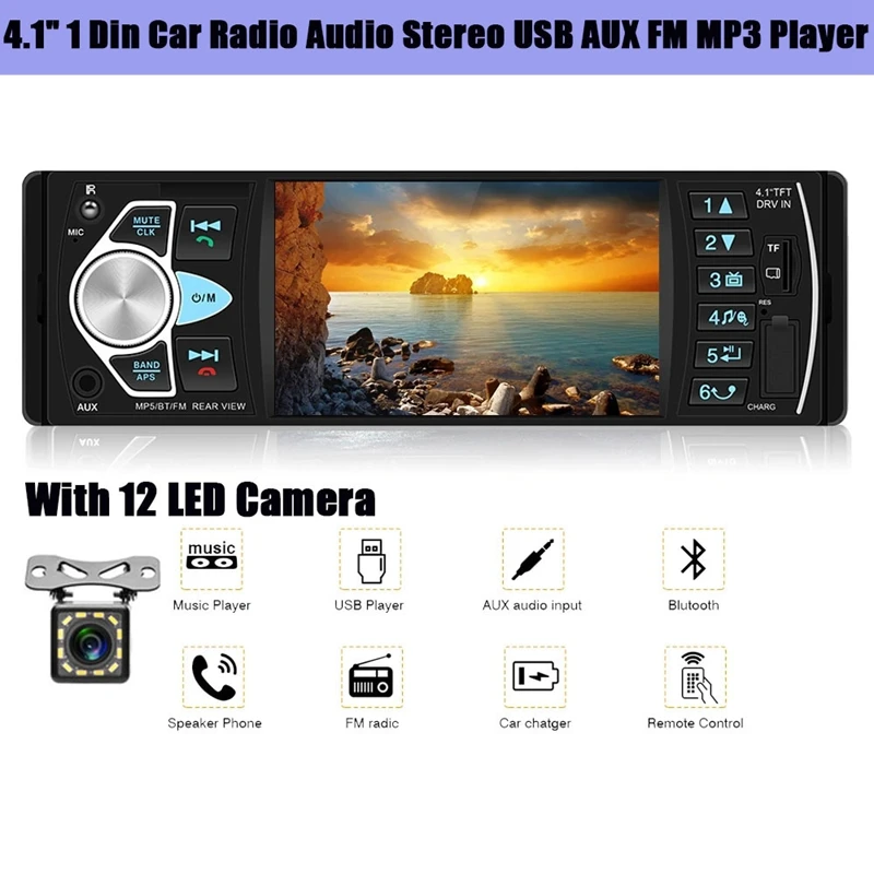 

4.1Inch 1 Din Car Radio Audio Stereo USB AUX FM Audio Player With Remote Control 12LED Camera