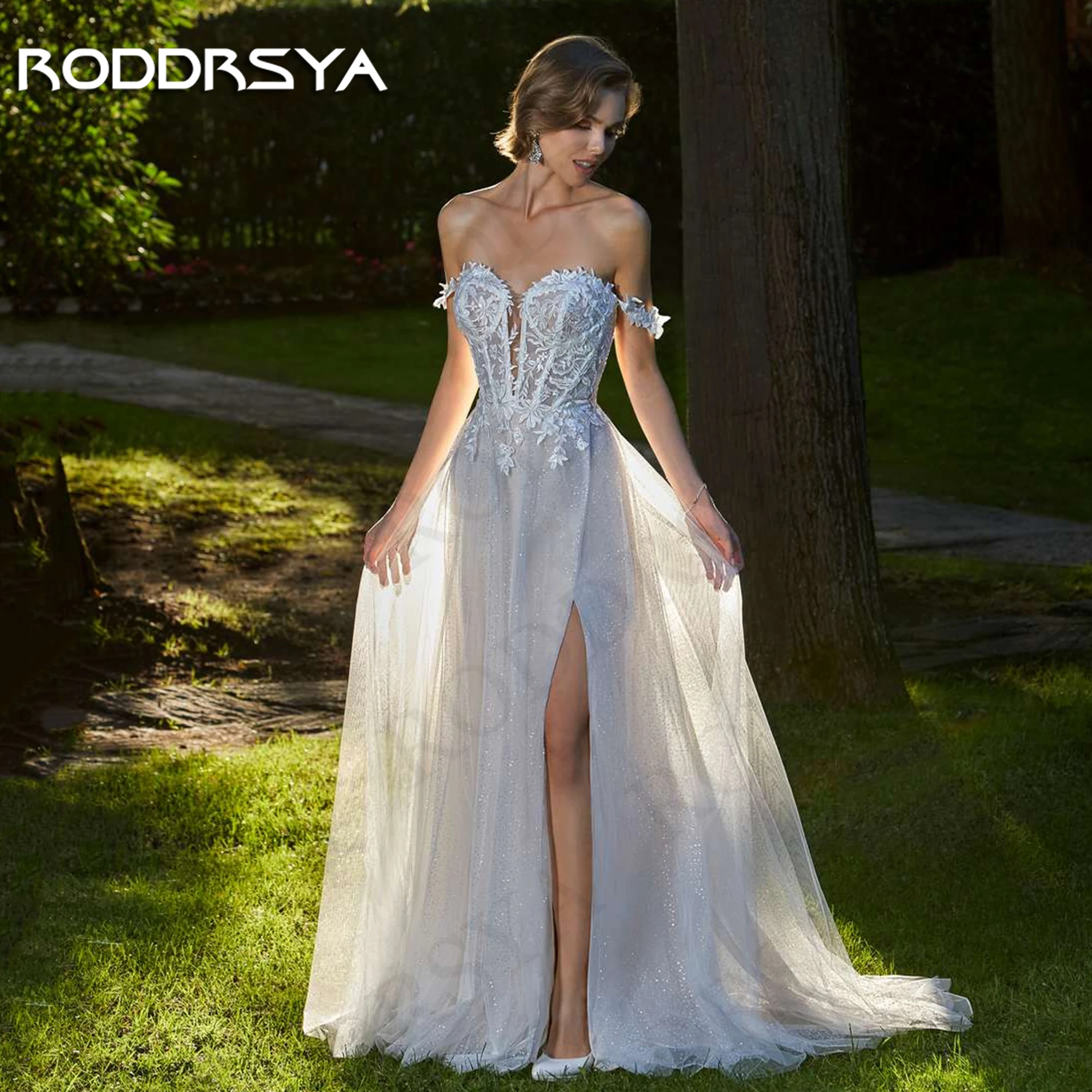 Фото RODDRSYA элегантное блестящее свадебное платье для невесты с разрезом и открытыми плечами тюлевые свадебные платья свадебные женские свадебные платья а-силуэта Элегантные блестящие свадебные платья для невесты  Сплит O №1