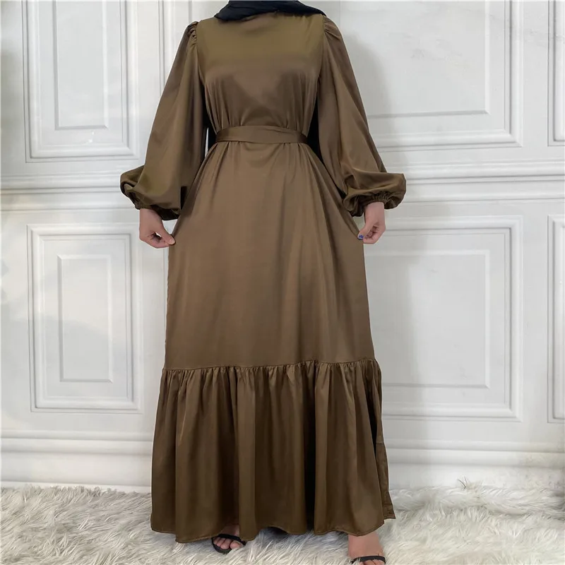 

Satin Abaya Women Muslim Puff Sleeve Maxi Dress Belted Jilbab Dubai Turkey Kaftan Islam Clothing Femme Musulmane Longue Vestidos