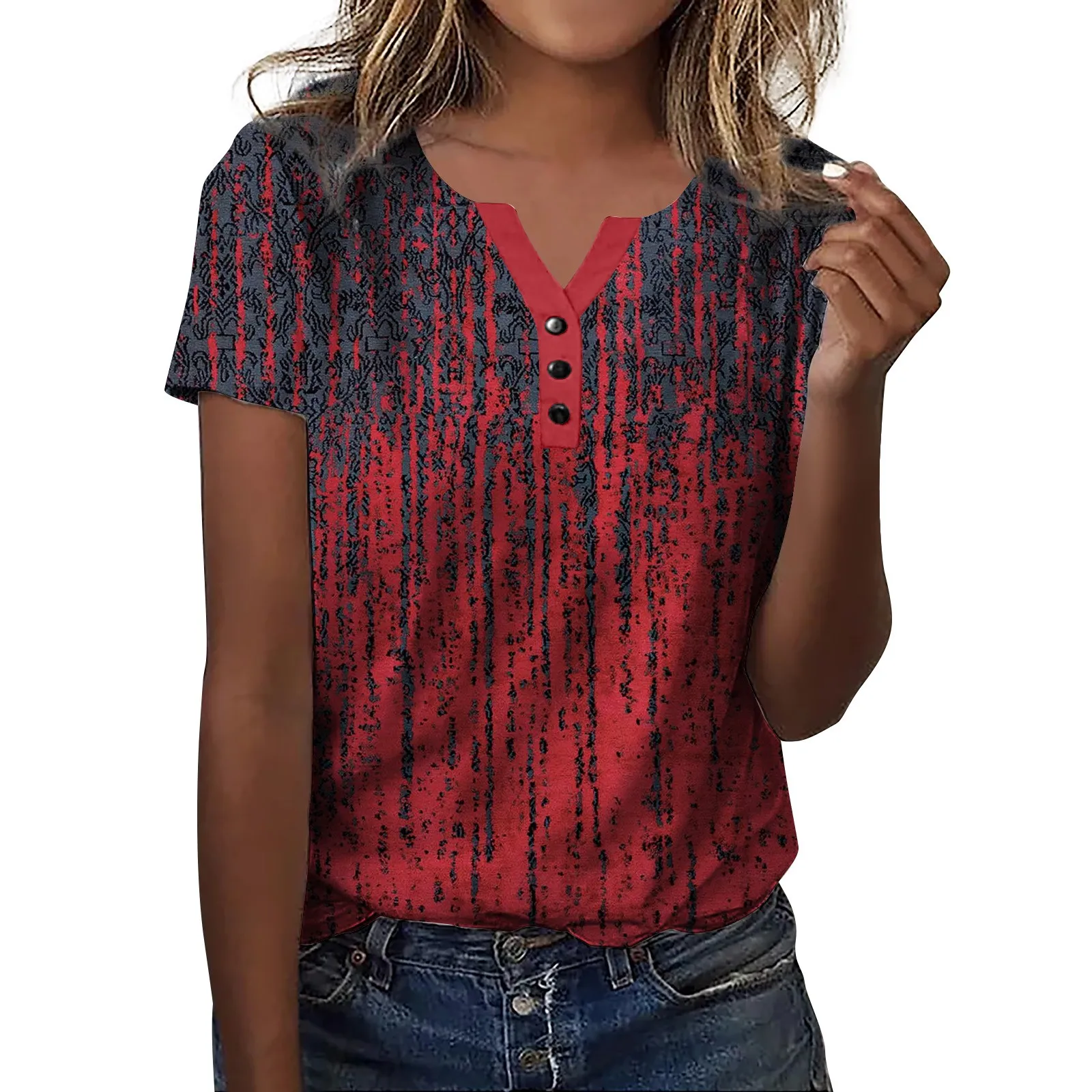 

Women'S Summer T-Shirt Flower Printing Patchwork Collar Button Short Sleeve Casual Daily Basic Regular Tops Top Women Fashion