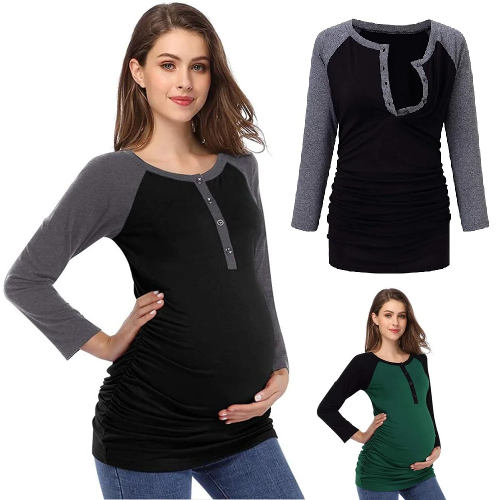 Women's Maternity Nursing Top/Shirts Breastfeeding Henley Shirt Soft Tees Baseball T-Shirts Mama Pregnancy Clothes(S-XL)