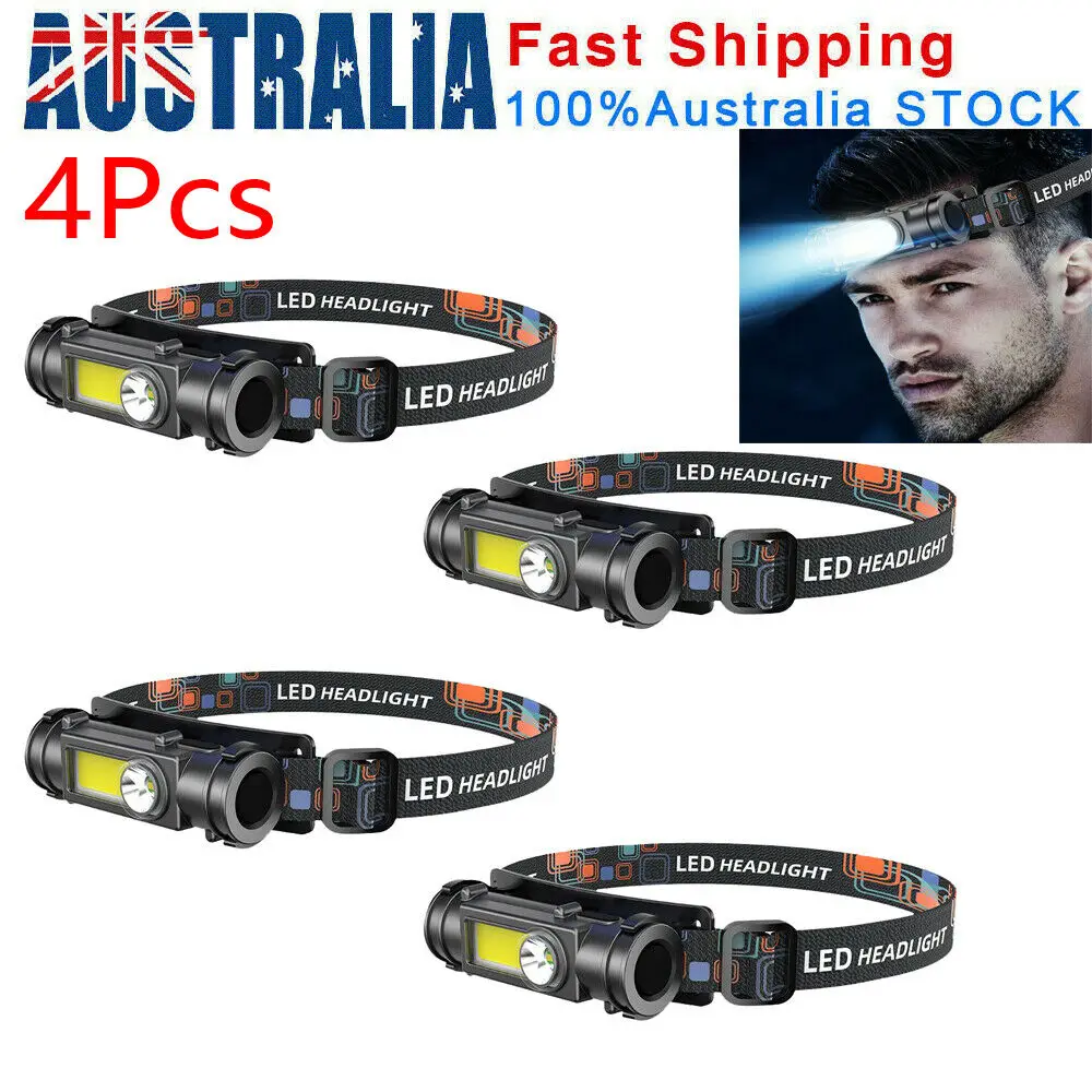 

4Pcs Head Torch LED Headlight COB Camping Headlamp USB Rechargeable Flashlight