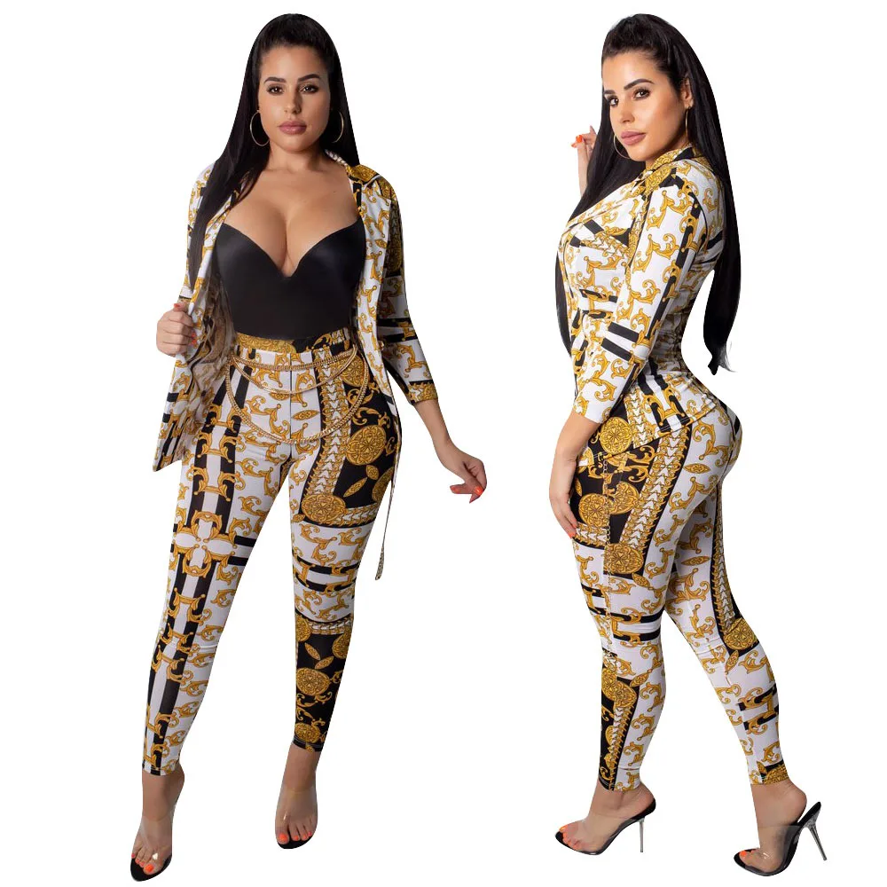 

Classic Two Piece Set Tracksuit Womens Suits Print Blazer Coat with Pants Sexy Women Clothing Club Party Wear Matching Sets