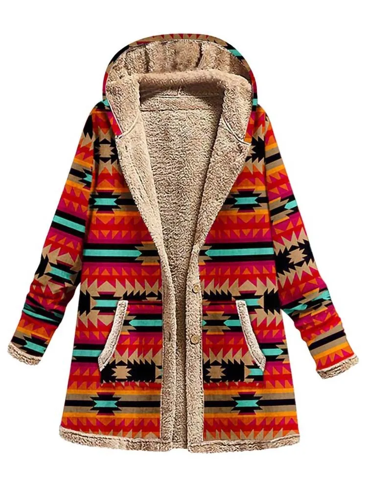 Зимняя Флисовая теплая куртка с капюшоном Женская мода этнический принт длинным