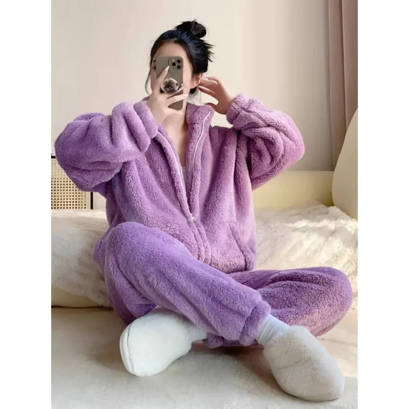 Kobiety Piżama może nosić na zewnątrz Koralowa Aksamitna Damska Jesień Zima Flanelowy Zestaw Gruby Ciepły Zamek Duża Kieszeń Dwuczęściowy