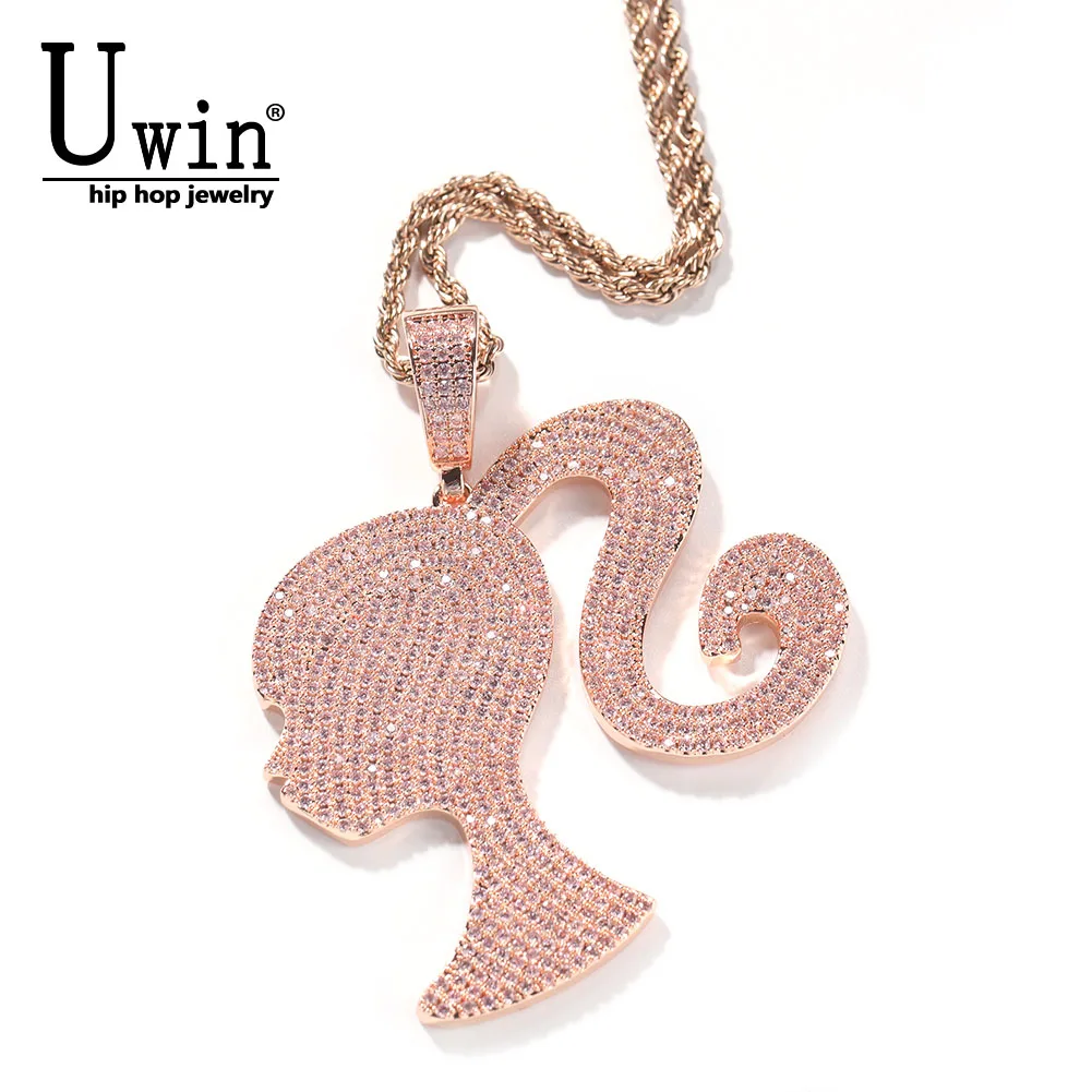 

UWIN Icy Girl Head Pendant Pave Iced Out Cubic Zirconia Charm Tenni Chain Necklace Fashion Hiphop Jewelry For Gift