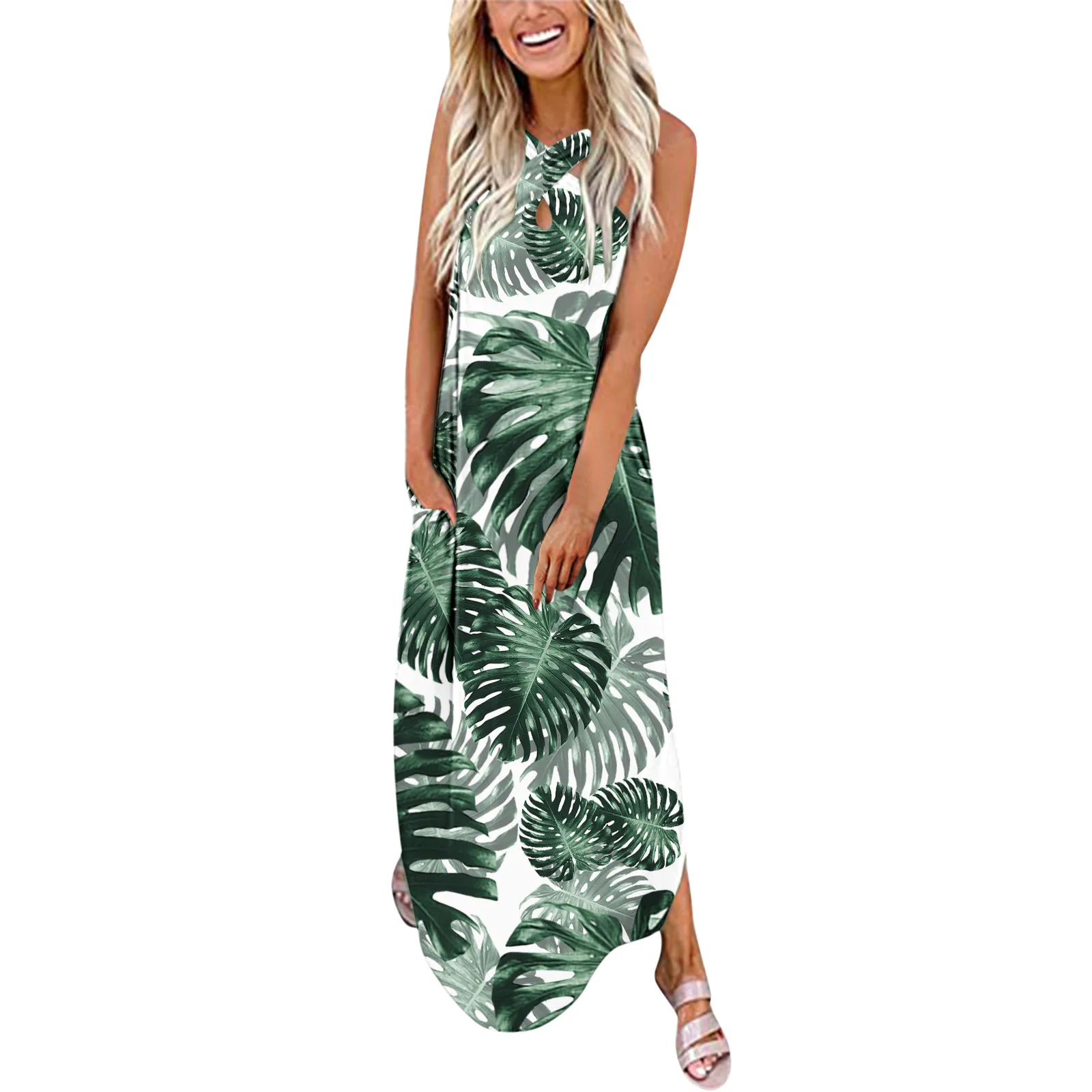 

Women Casual Printing Sundress Long Dresses Crisscross Sleeveless Split Maxi Dress Summer Patchwork Long Sleeve Party Dresses