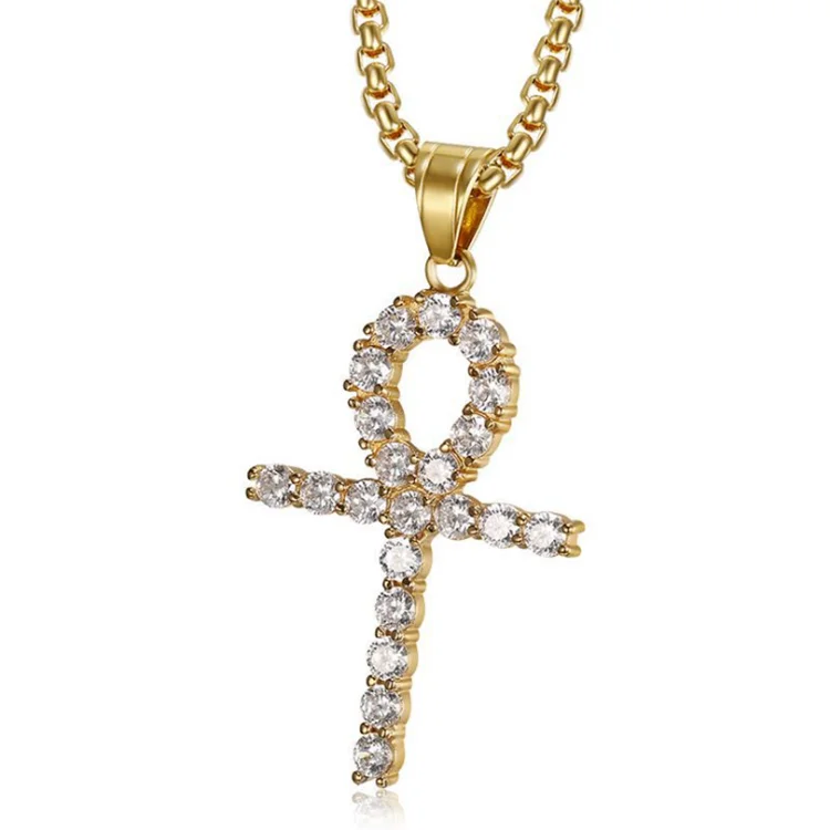 

Lucky Hip Hop Stainless Steel Bling Ankh Cross Iced Out Cubic Zirconia Necklaces & Pendants For Men women Charm Jewelry